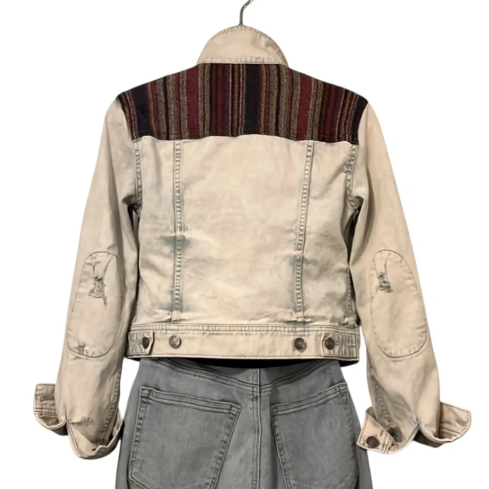 Free People Color-block Patchwork Boho Womans Cropped Denim Jean Jacket 2 - Picture 2 of 11